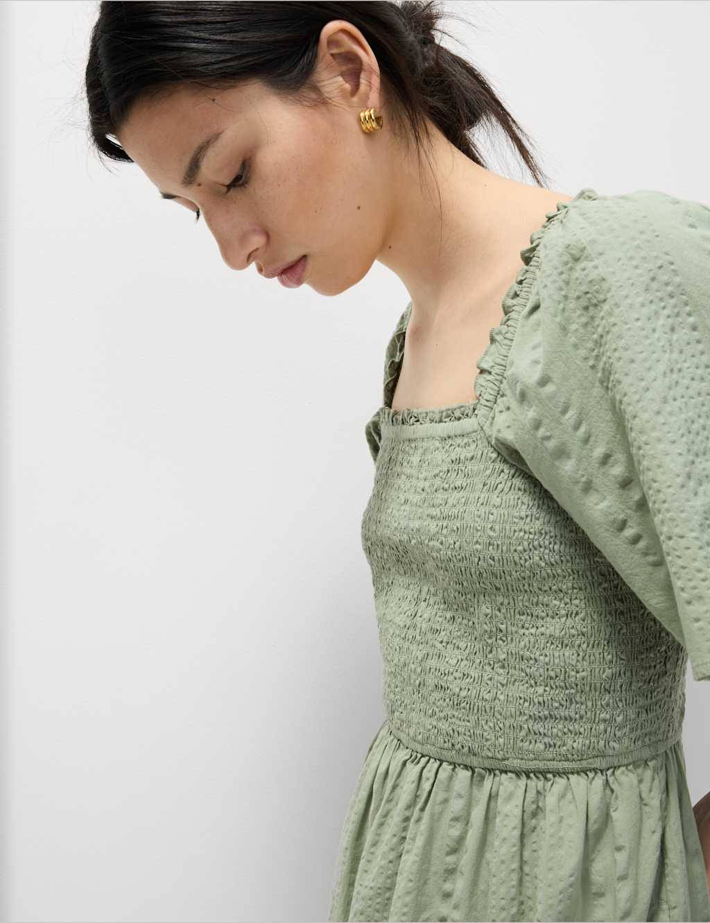 Pure Cotton Shirred Midaxi Waisted Dress 3 of 6