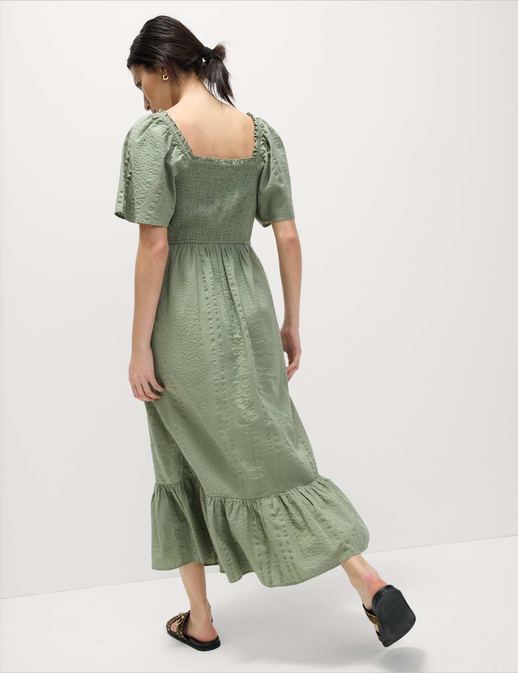 Pure Cotton Shirred Midaxi Waisted Dress 4 of 6