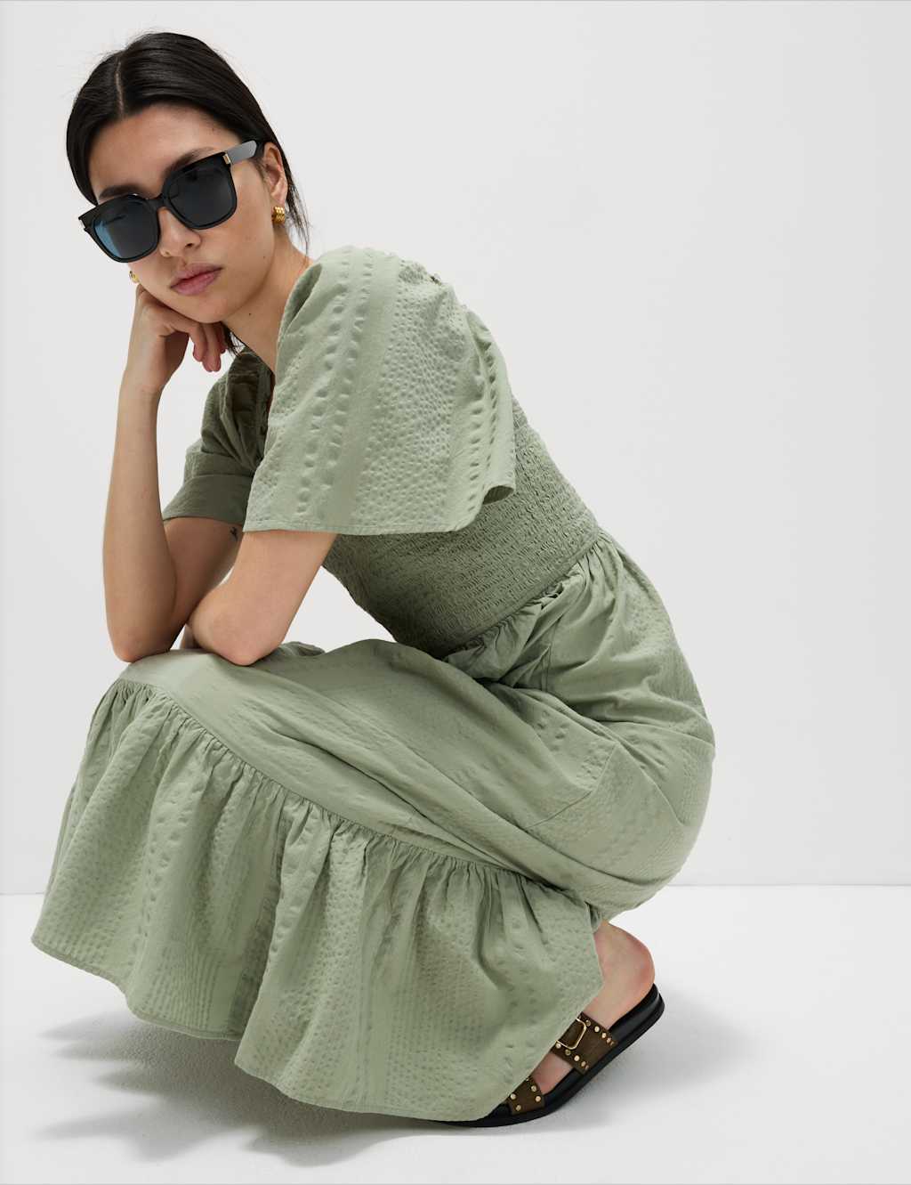 Pure Cotton Shirred Midaxi Waisted Dress 5 of 6