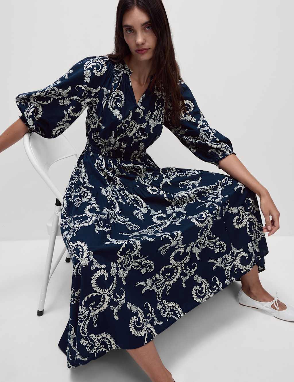 Pure Cotton Printed V-Neck Midi Waisted Dress 4 of 5
