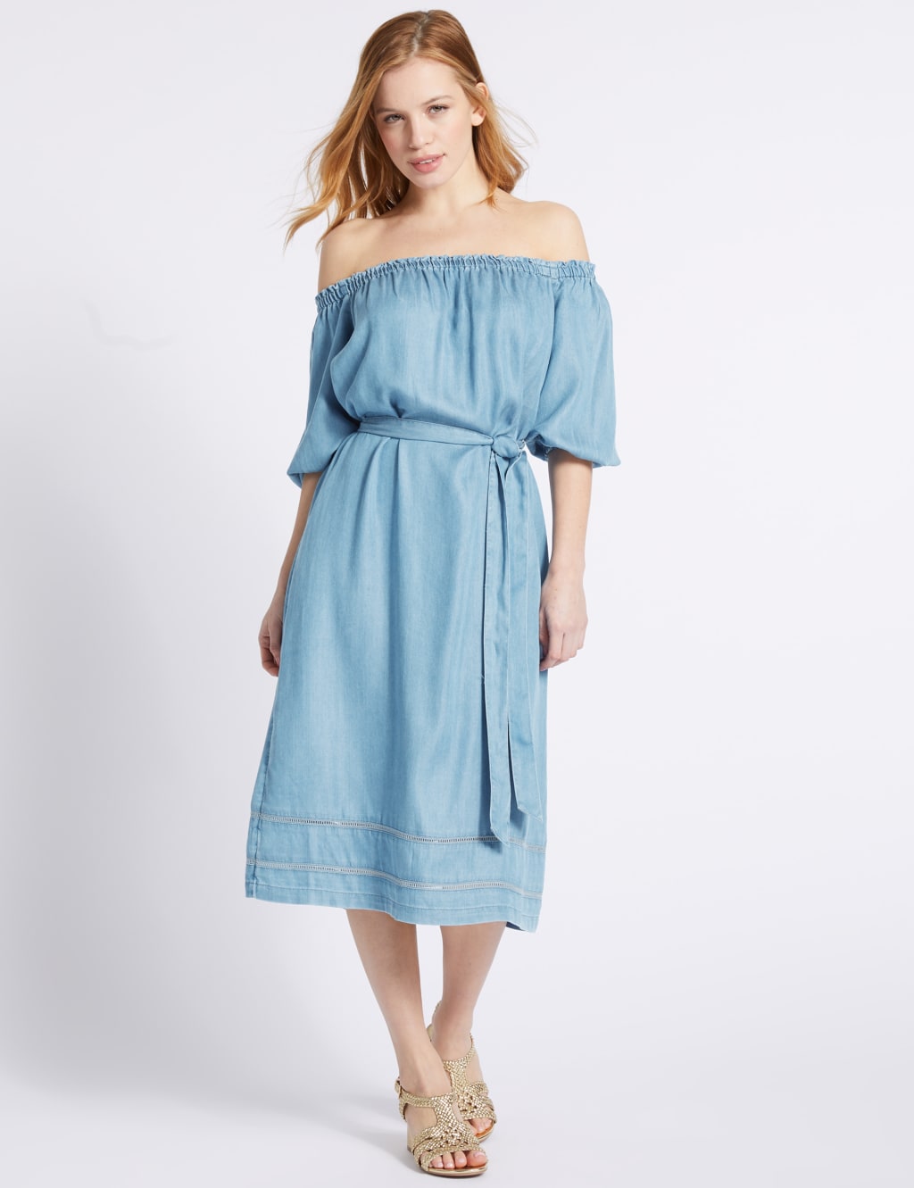 PETITE Tencel Half Sleeve Bardot Midi Dress M S Collection M S