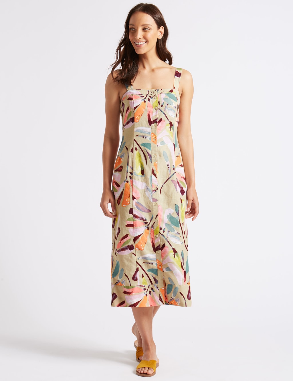Linen Rich Daisy Print A-Line Midi Dress 1 of 5
