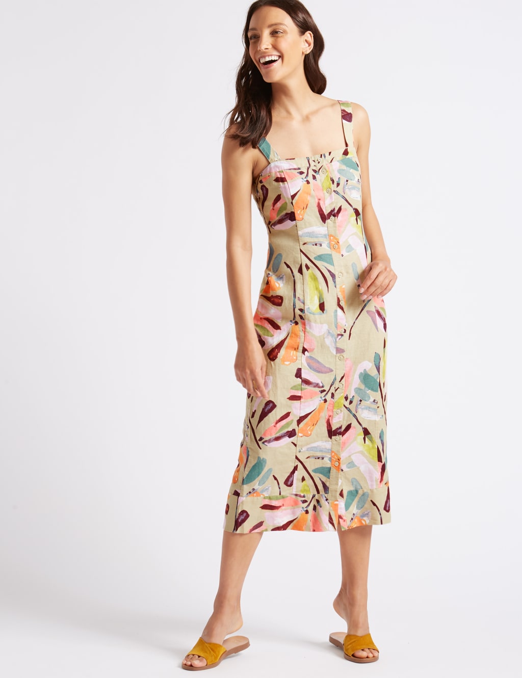 Linen Rich Daisy Print A-Line Midi Dress 3 of 5
