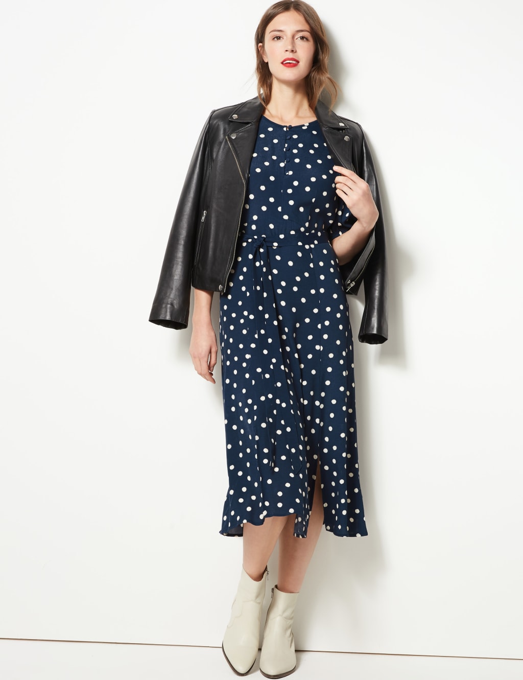 Polka Dot Tie Waist Midi Dress 1 of 5