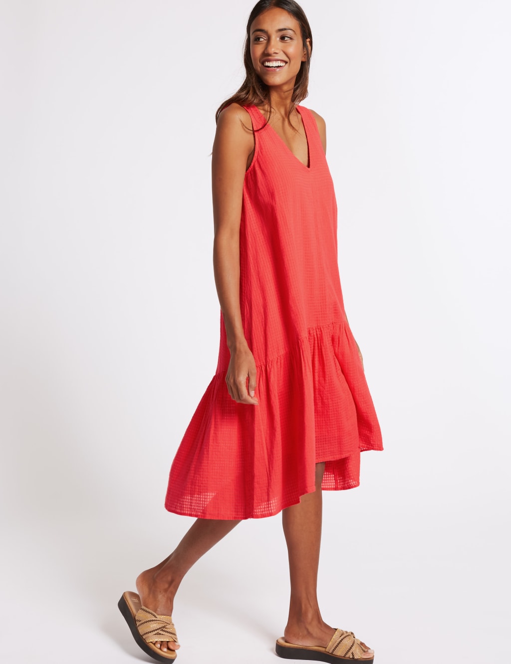 Pure Cotton Checked Peplum Midi Dress 1 of 5