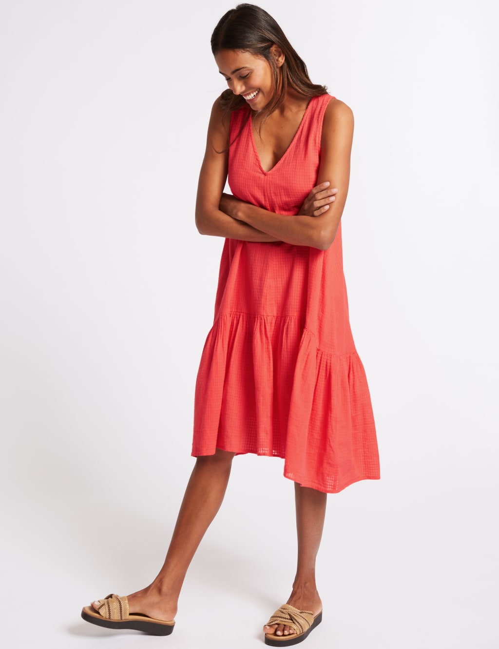 Pure Cotton Checked Peplum Midi Dress 4 of 5