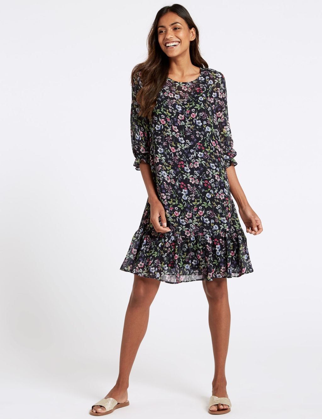 Floral Print 3 4 Sleeve Tunic Dress M S Collection M S