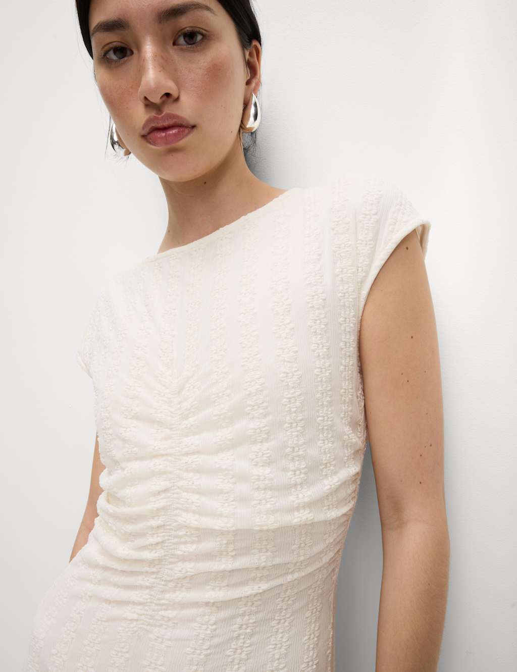 Jersey Lace Ruched Midi Column Dress 3 of 5