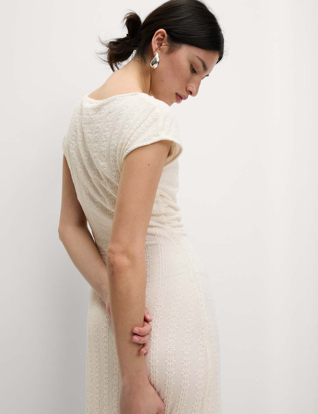 Jersey Lace Ruched Midi Column Dress 4 of 5