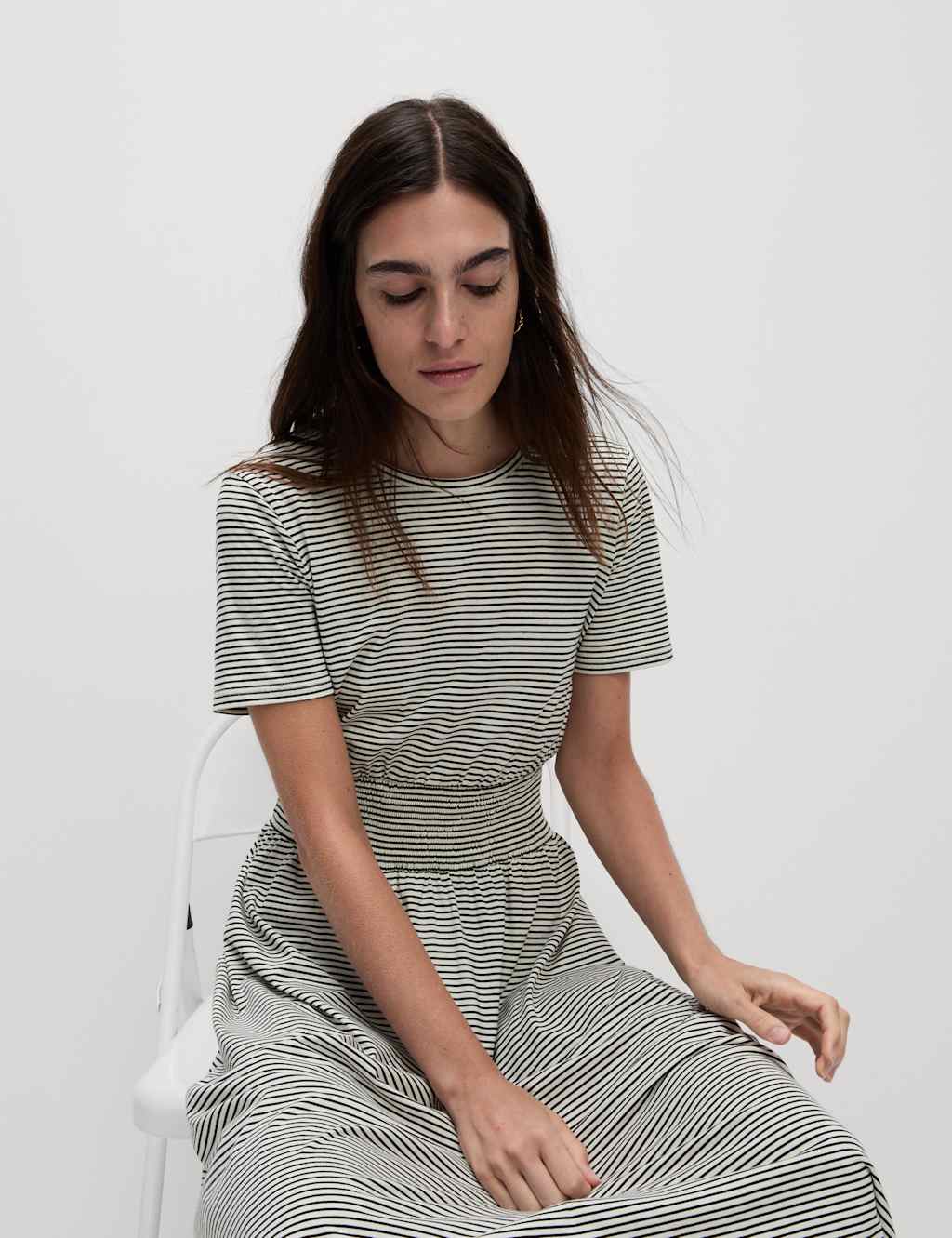 Pure Cotton Striped Midi Shirred Dress 1 of 4