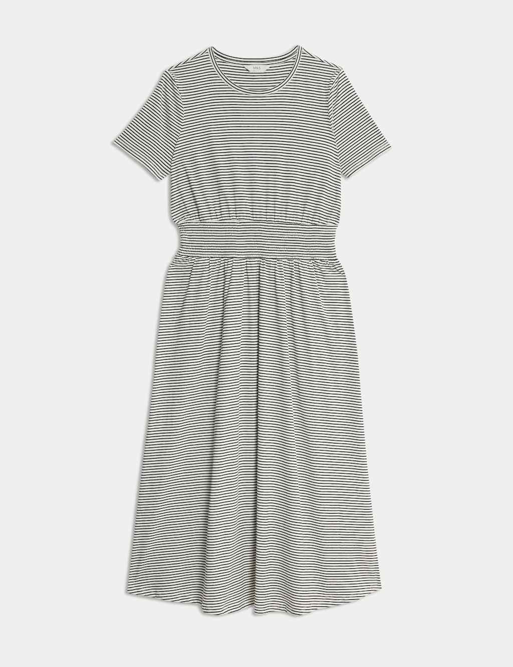Pure Cotton Striped Midi Shirred Dress 2 of 4