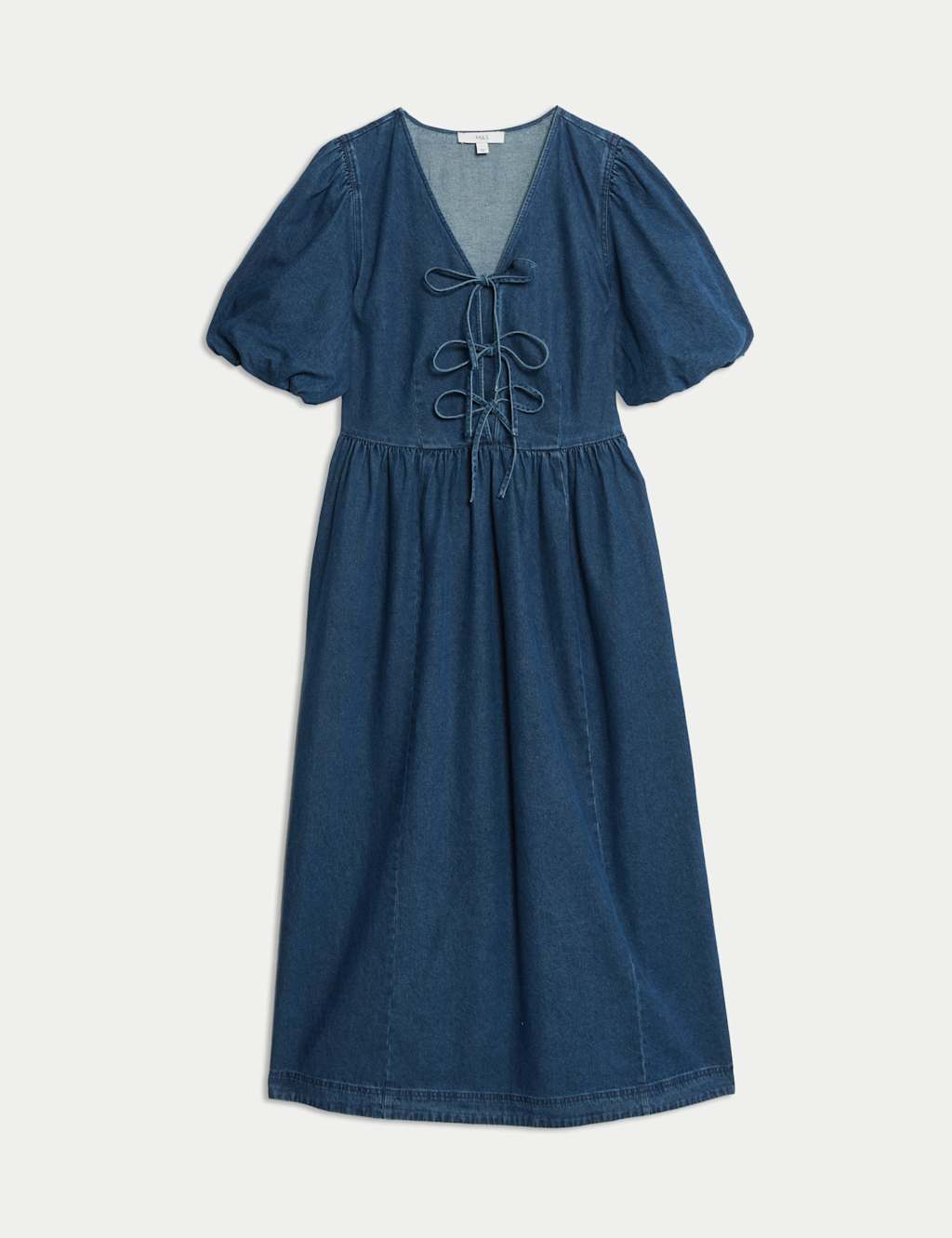 Denim V-Neck Tie Detail Midi Waisted Dress 2 of 7