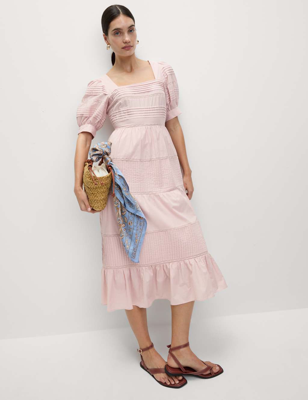 Pure Cotton Pintuck Midi Tiered Dress 3 of 5