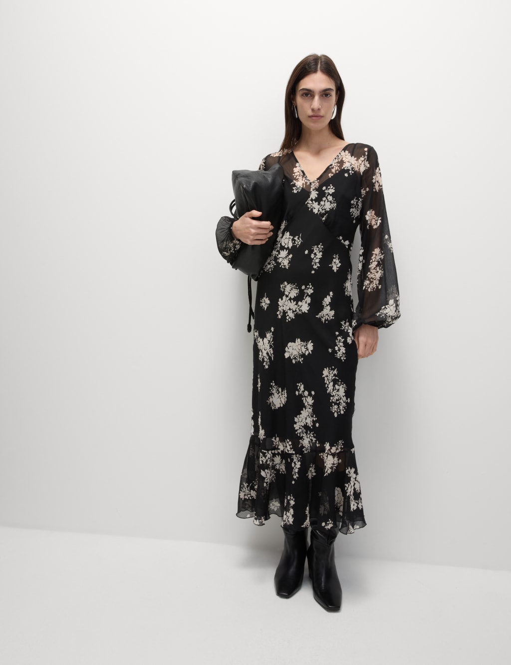 Floral V Neck Midi Waisted Dress