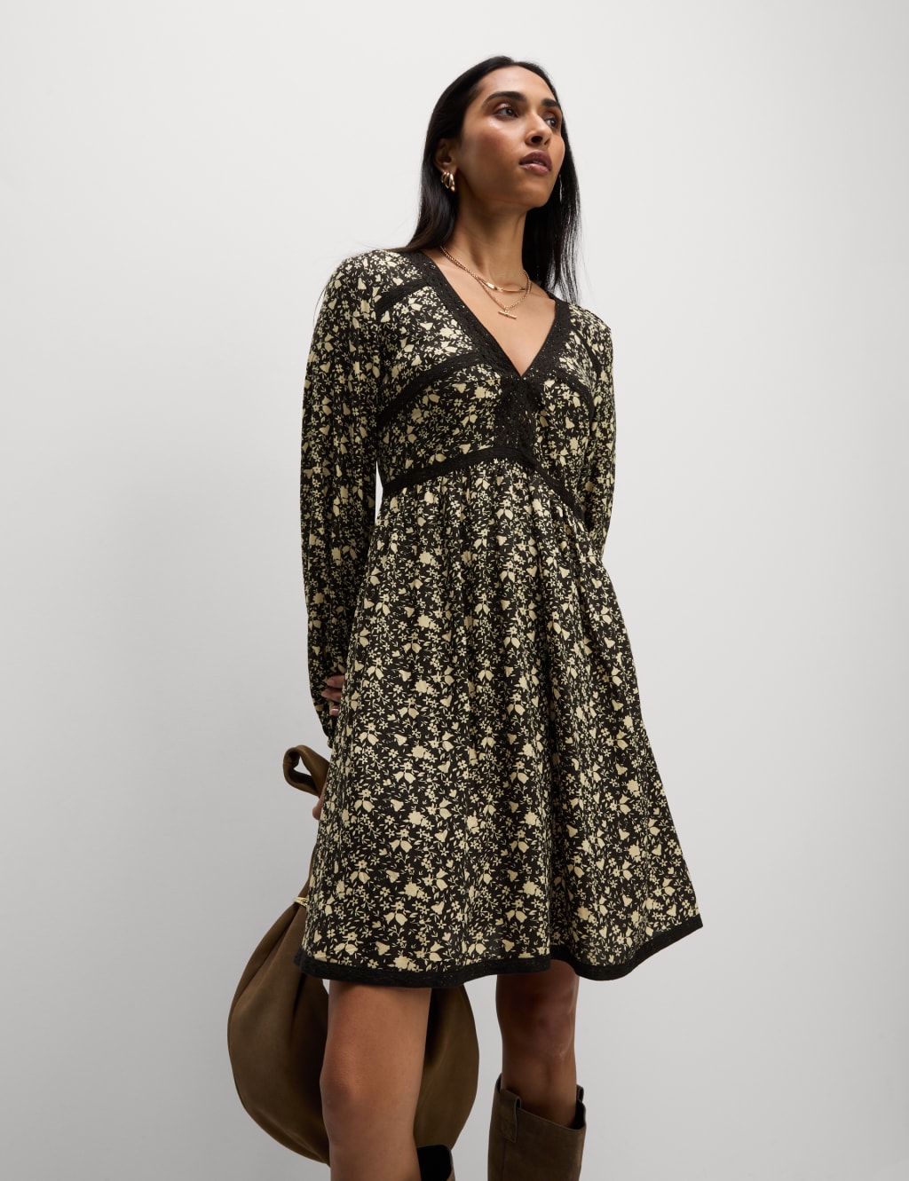 Printed Lace Insert Mini Waisted Dress 3 of 5