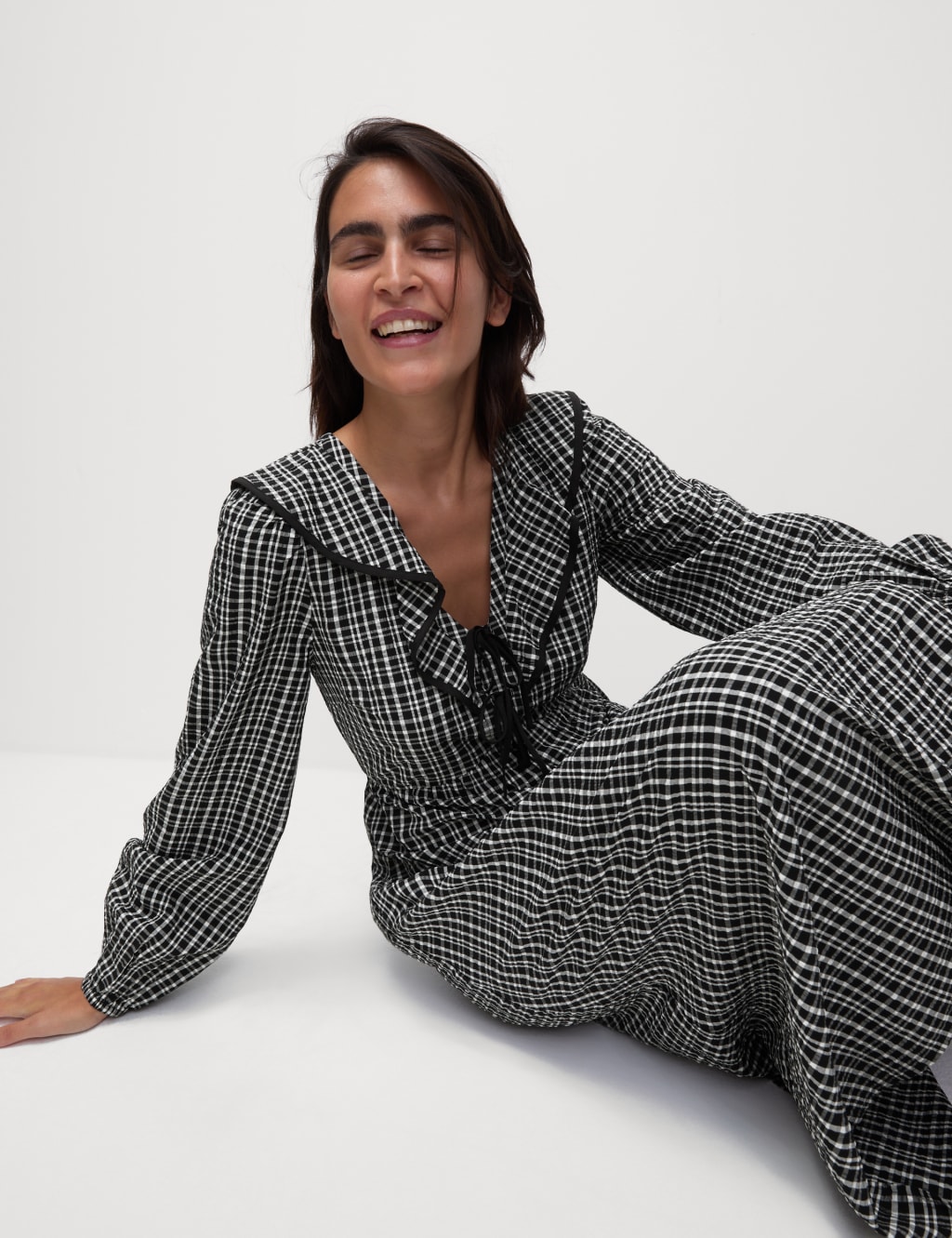 Checked V Neck Ruffle Midi Waisted Dress
