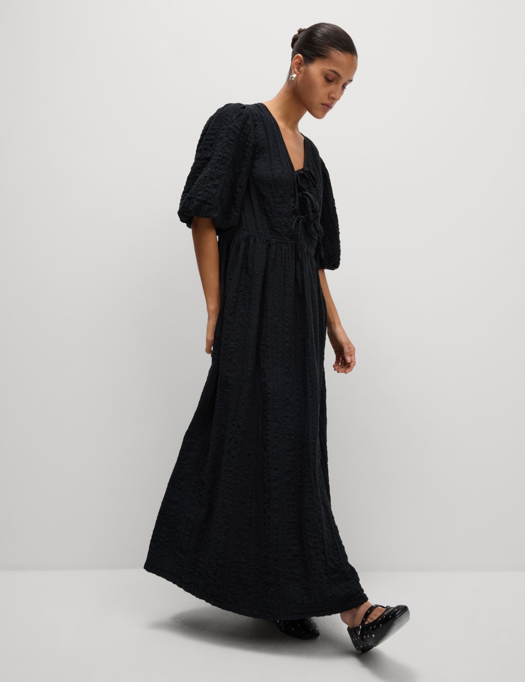 Cotton Rich Textured V-Neck Midi Waisted Dress 4 of 7