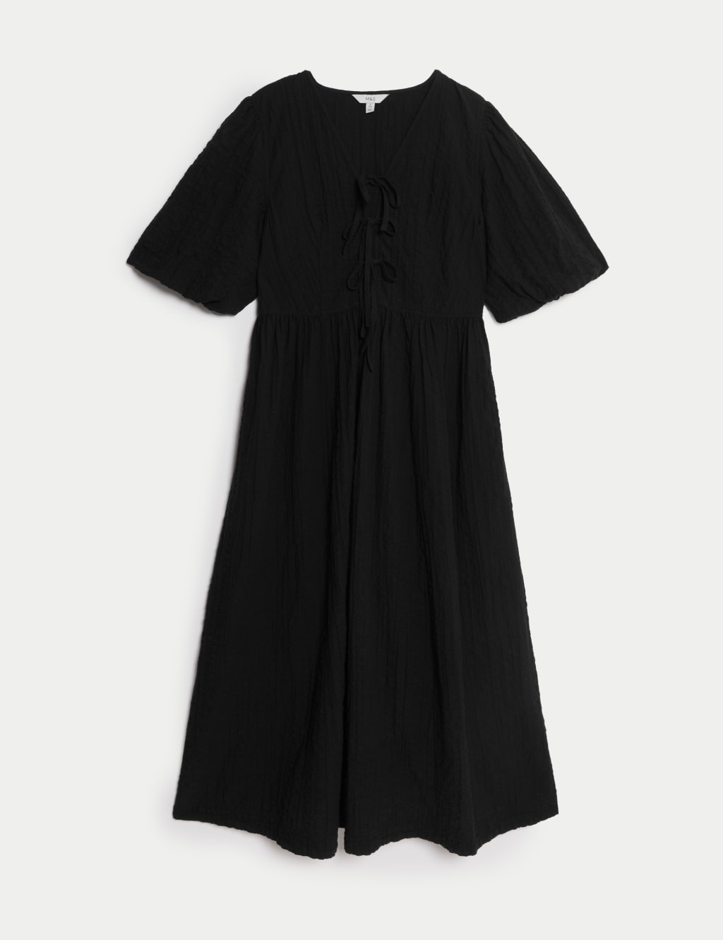 Cotton Rich Textured V-Neck Midi Waisted Dress 2 of 7