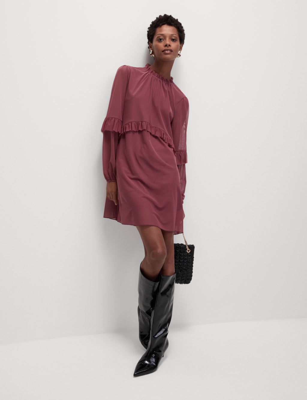 Mesh Jersey Ruffle Mini Relaxed Smock Dress M S Collection M S