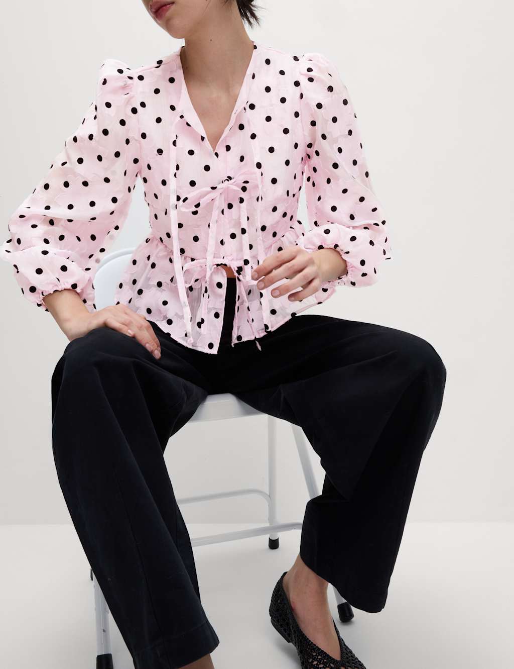 Polka Dot Tie Front Puff Sleeve Blouse 6 of 7