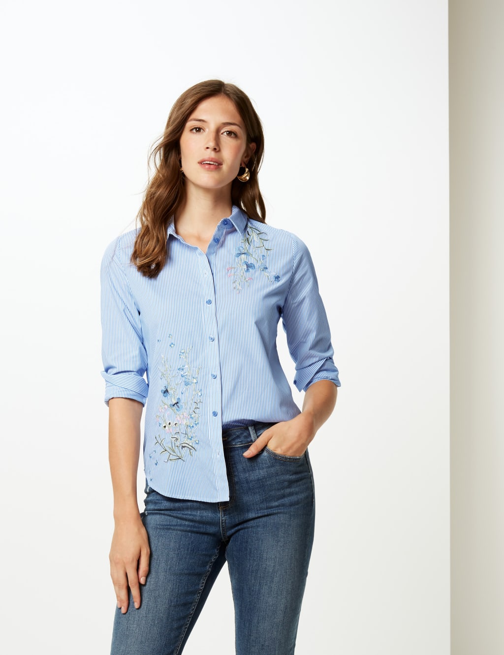 Cotton Rich Striped Floral Embroidered Shirt 1 of 5