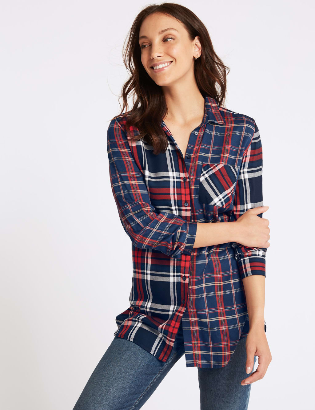 Checked Longline Long Sleeve Shirt M S Collection M S