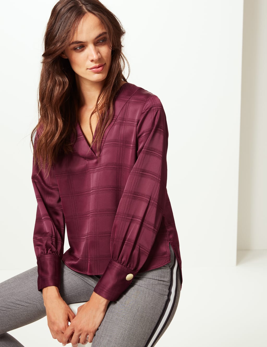 Checked Satin V-Neck Long Sleeve Blouse 1 of 5