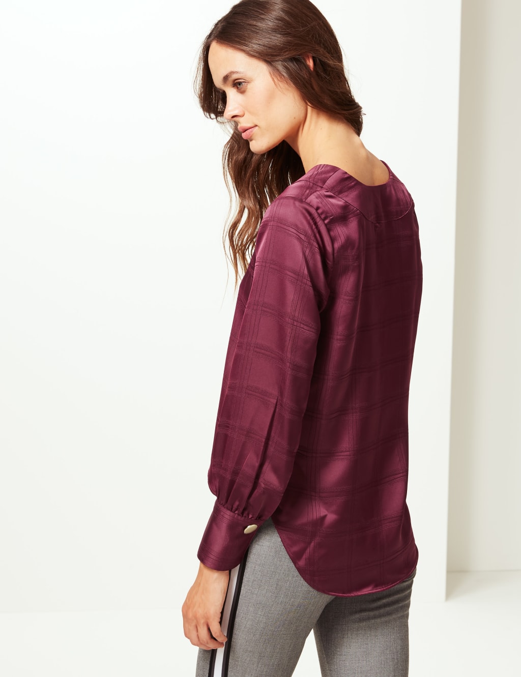Checked Satin V-Neck Long Sleeve Blouse 4 of 5