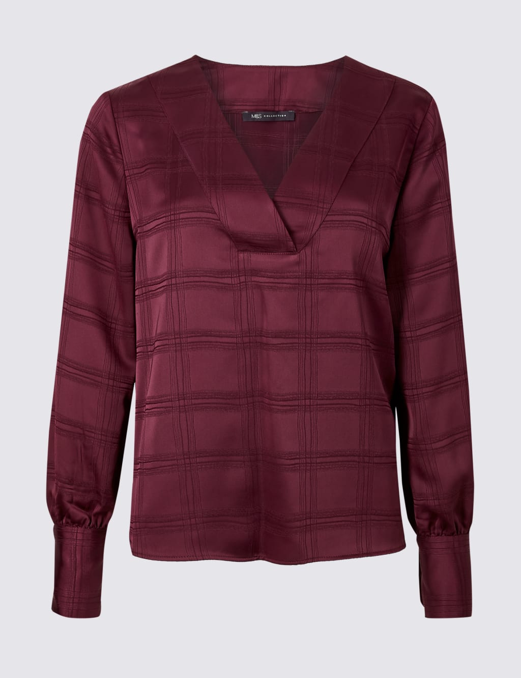 Checked Satin V-Neck Long Sleeve Blouse 2 of 5