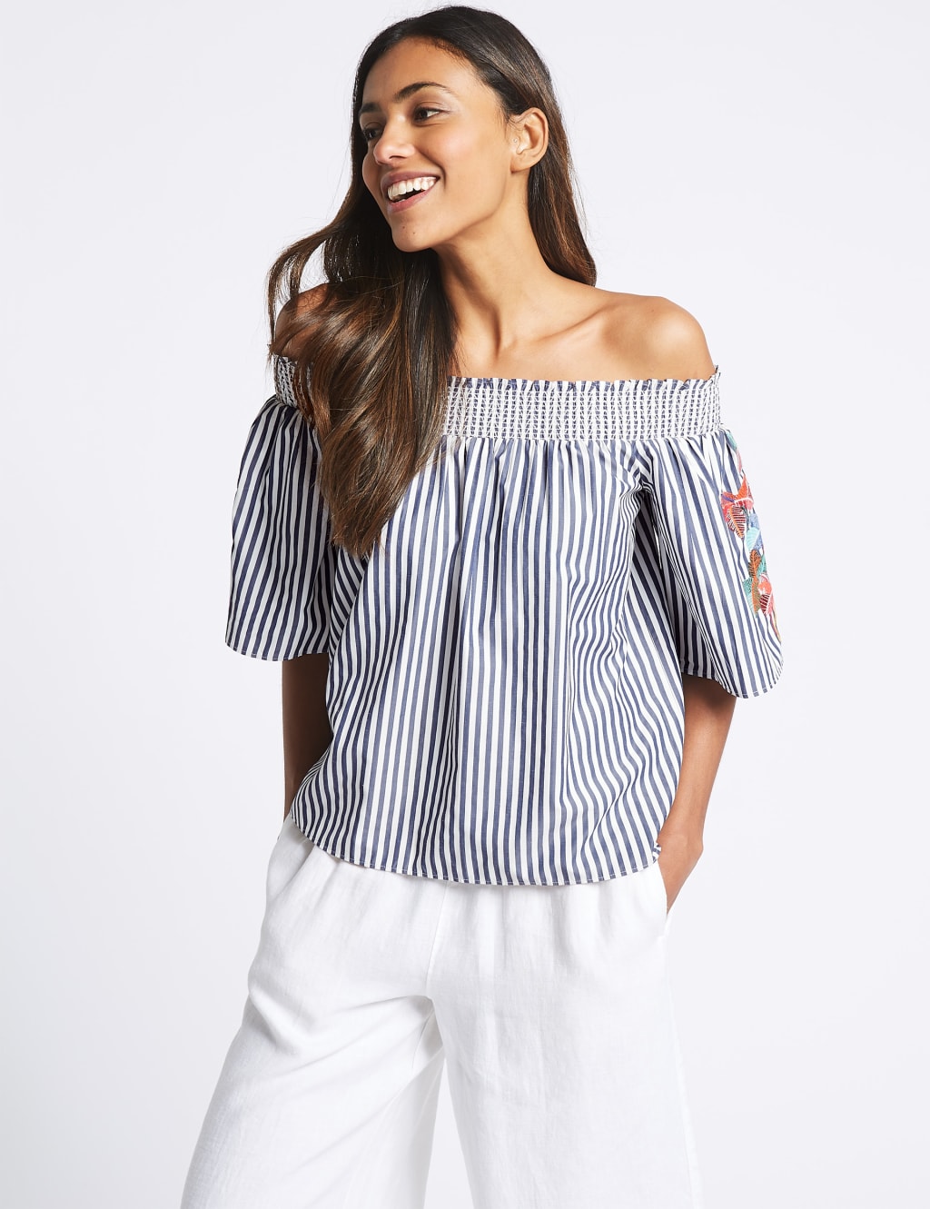 Striped Embroidered Sleeve Bardot Top 1 of 4