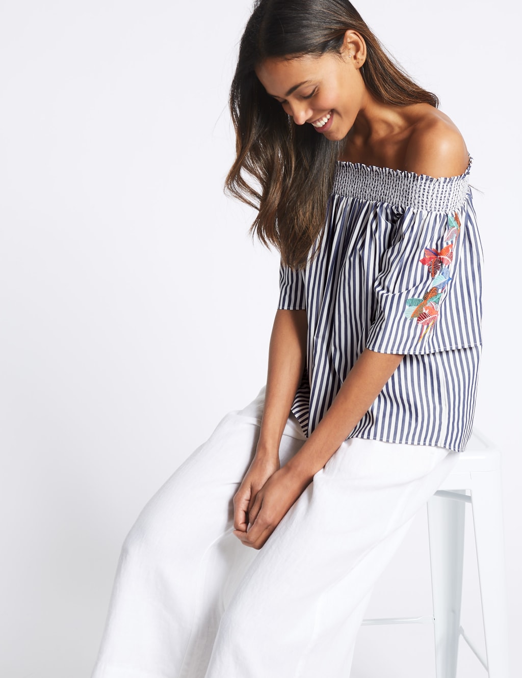 Striped Embroidered Sleeve Bardot Top 3 of 4