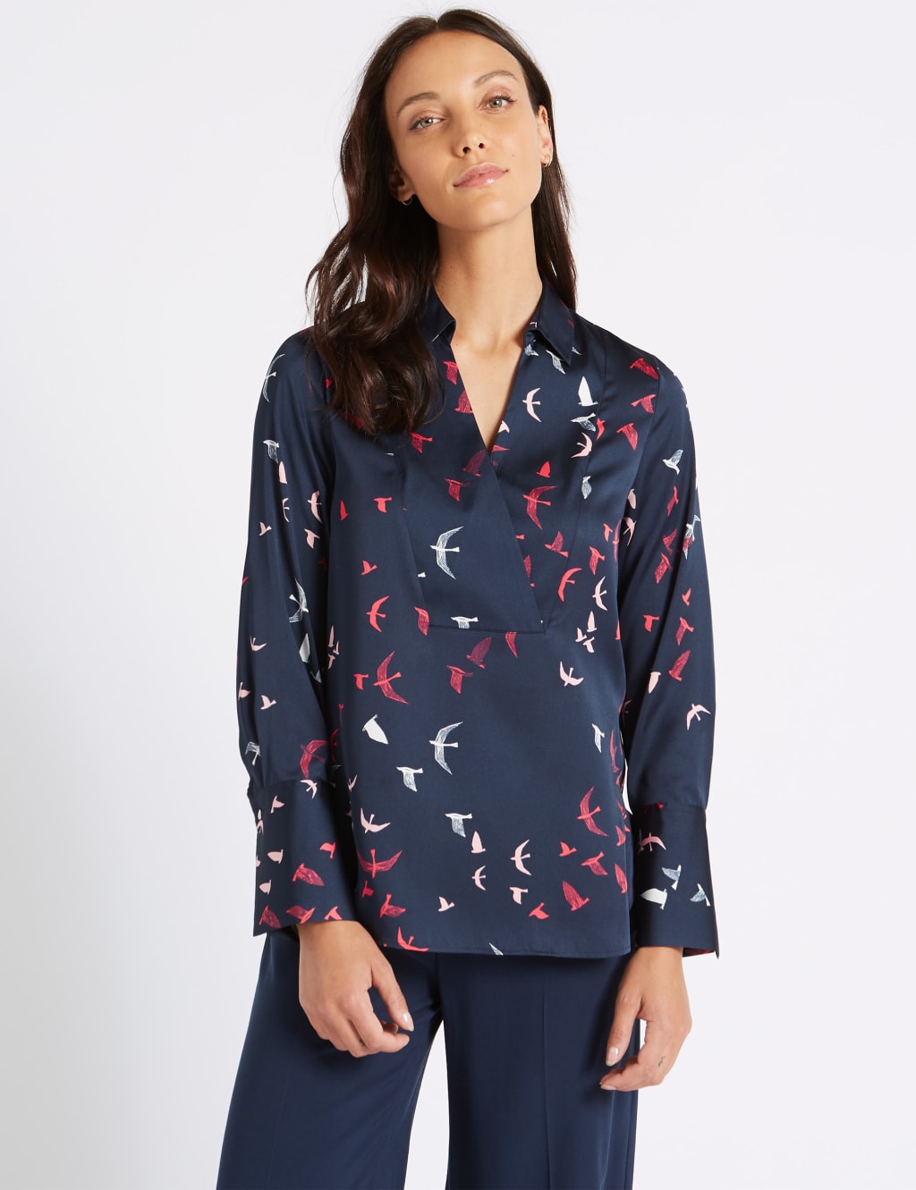 Bird Print Notch Neck Long Sleeve Blouse 1 of 6