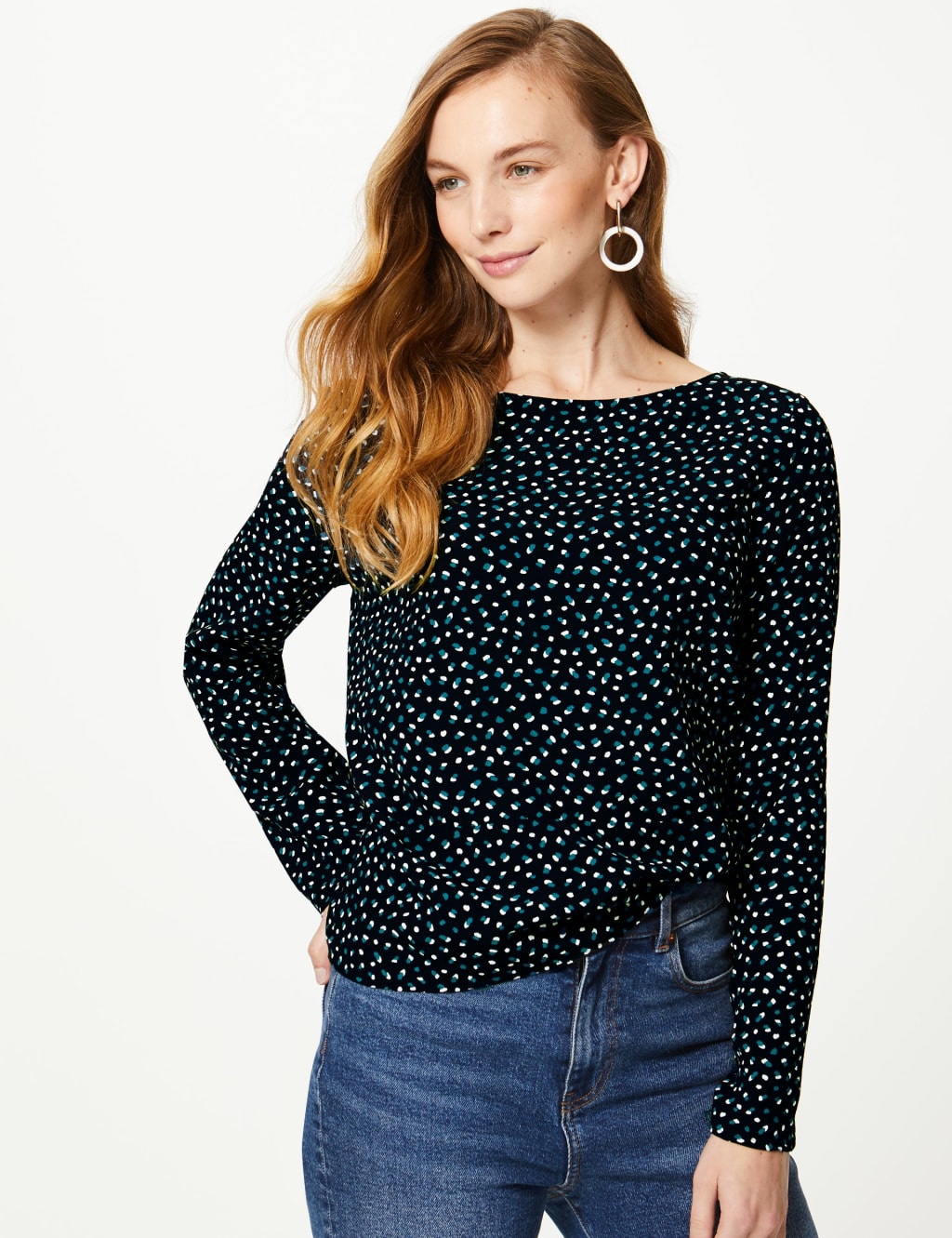Printed Round Neck Long Sleeve Shell Top 1 of 4