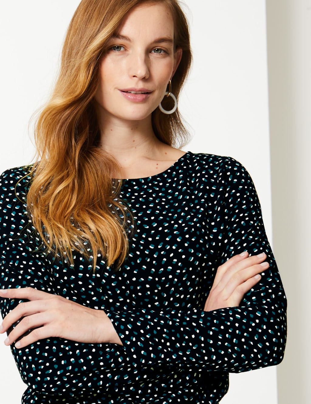 Printed Round Neck Long Sleeve Shell Top 3 of 4