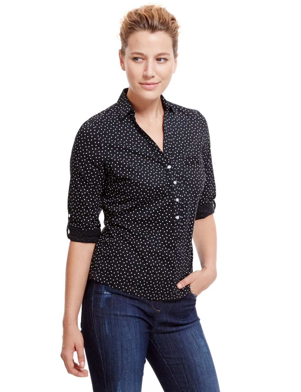 Fuller Bust Spotted 3/4 Sleeve Shirt 1 of 4
