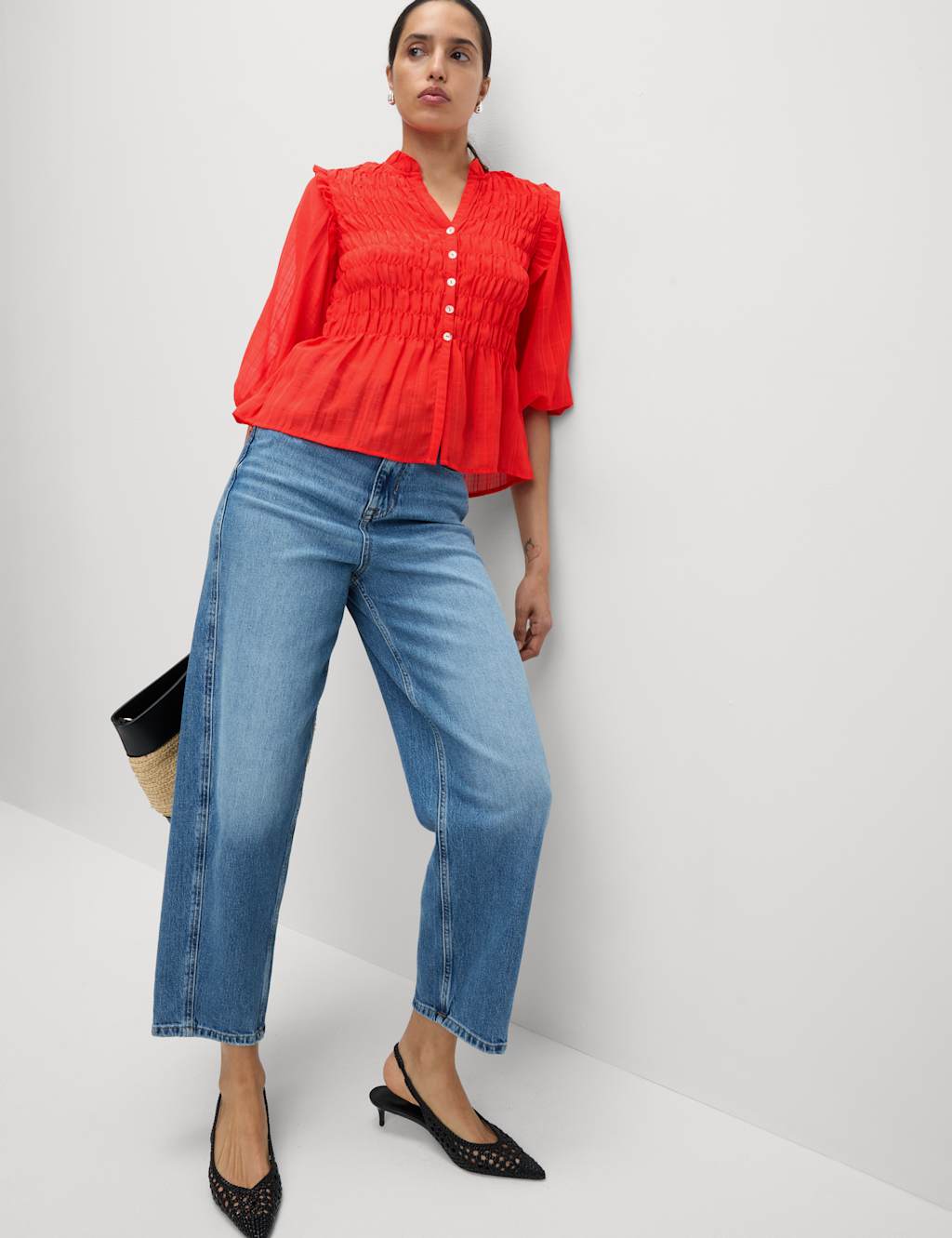 Shirred 3/4 Sleeve Button Through Blouse 6 of 7