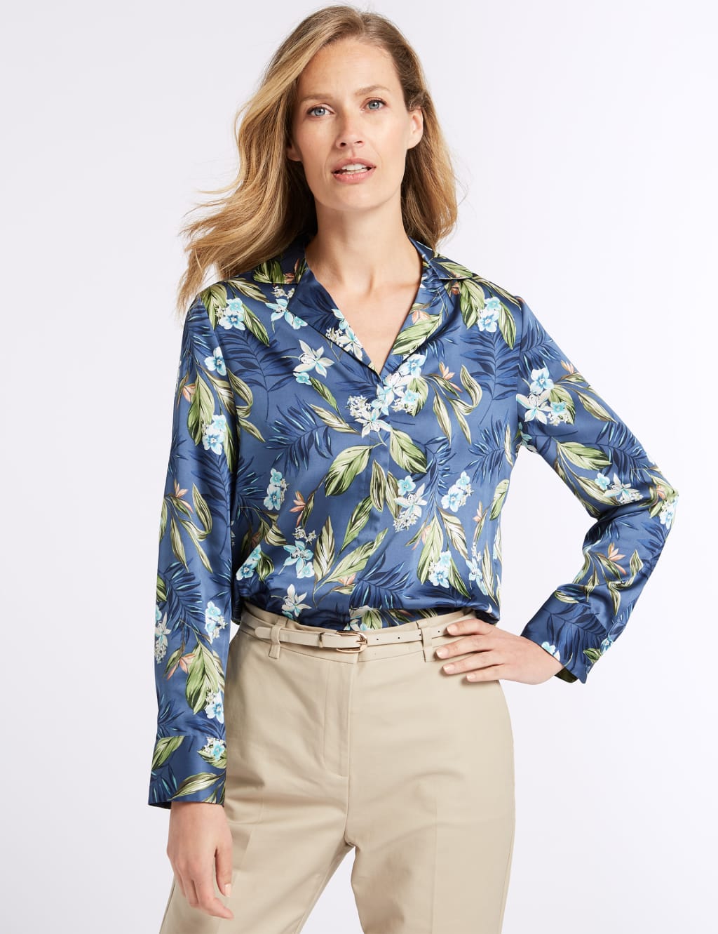 Floral Print Satin Long Sleeve Shirt M S Collection M S