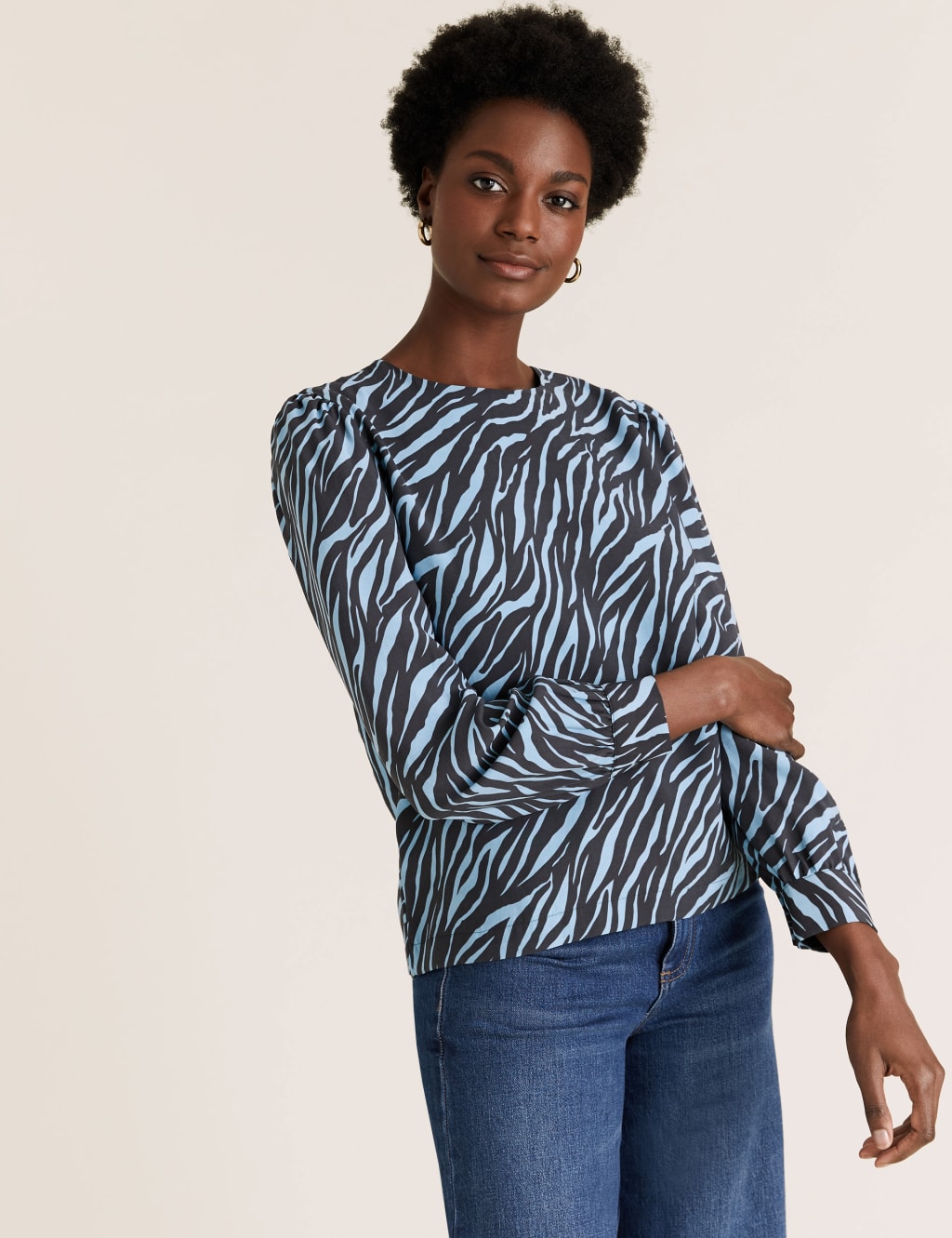 Zebra Print Round Neck Long Sleeve Blouse 1 of 5