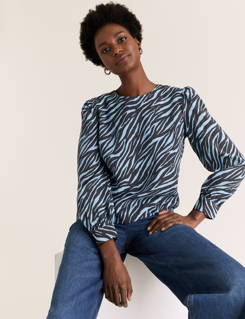 Zebra Print Round Neck Long Sleeve Blouse 5 of 5