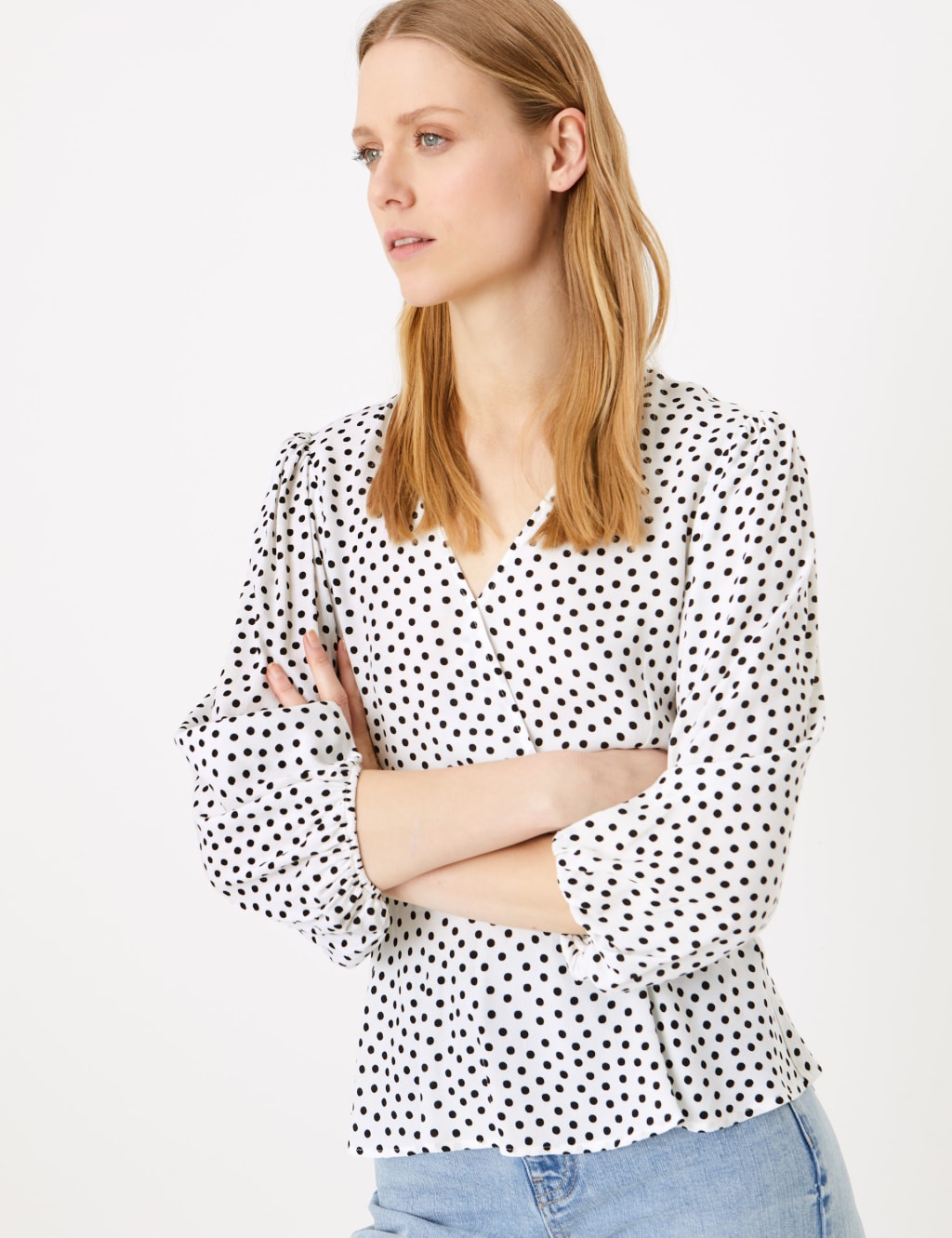 Polka Dot V Neck Long Sleeve Blouse M S Collection M S