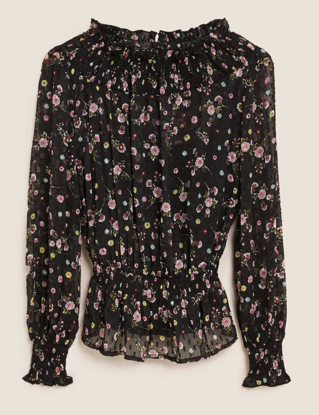 Textured Floral Smocked Neck Peplum Top 2 of 5