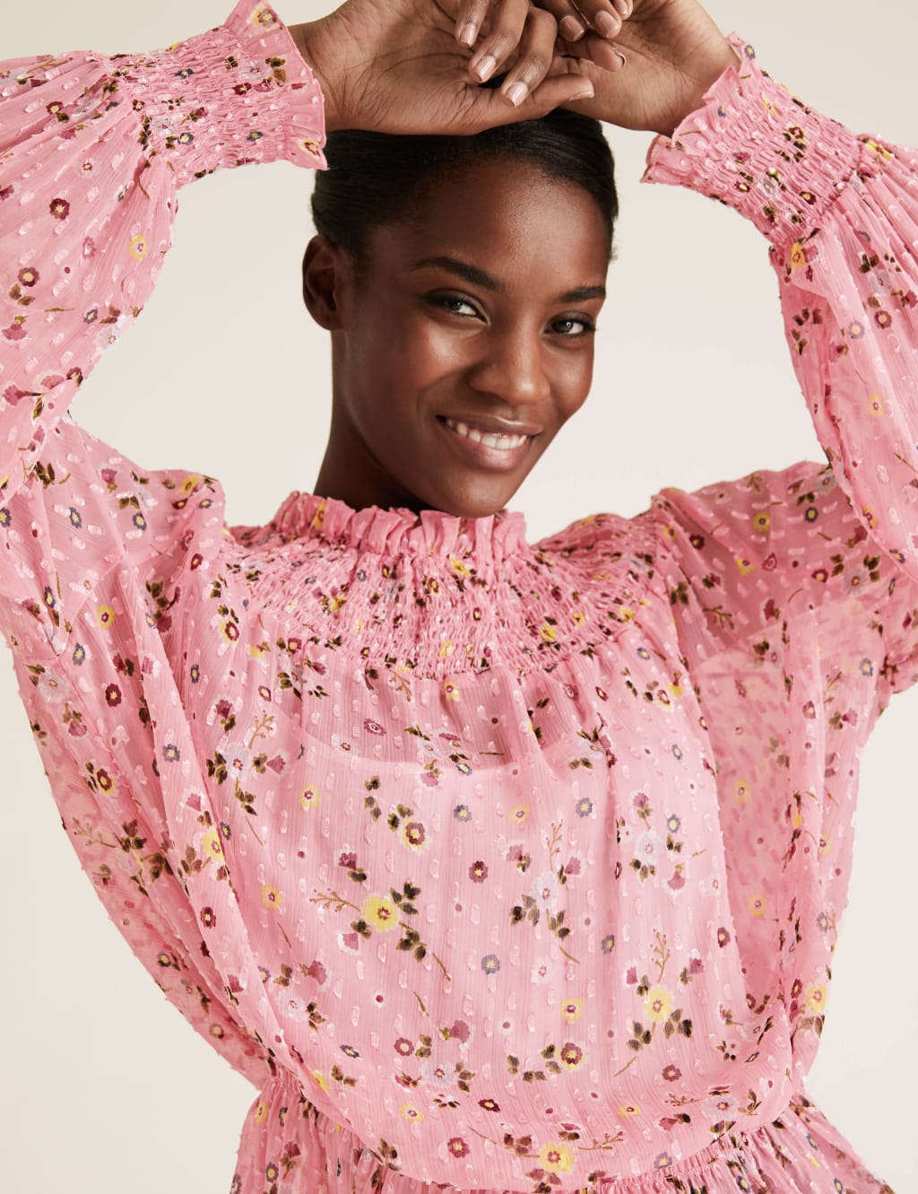 Floral Textured Smocked Neck Peplum Top 1 of 4