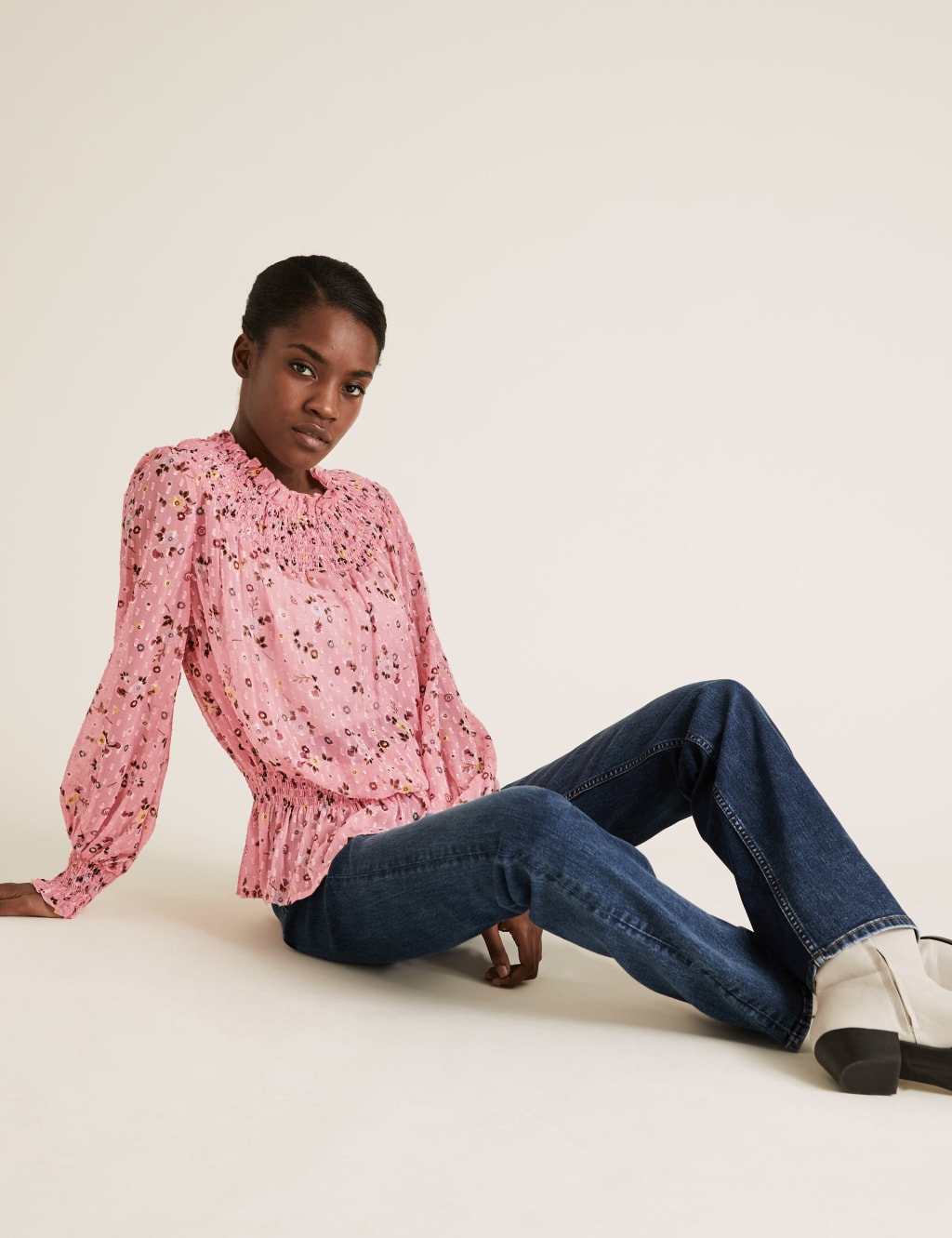 Floral Textured Smocked Neck Peplum Top 3 of 4