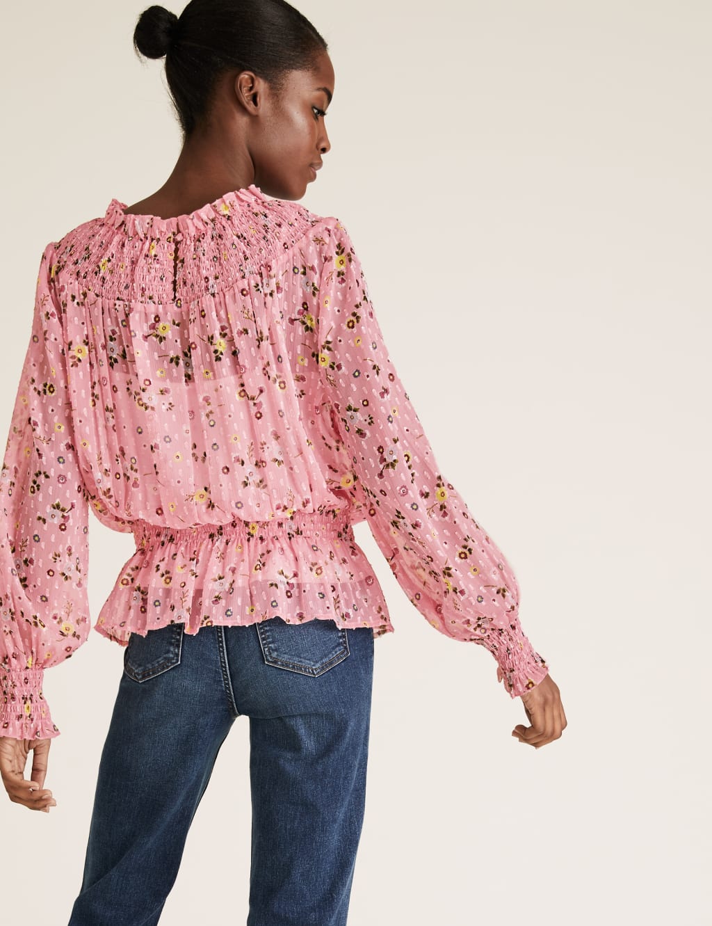 Floral Textured Smocked Neck Peplum Top 4 of 4