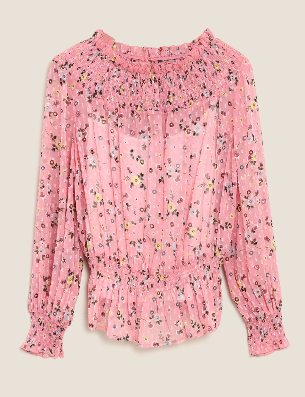Floral Textured Smocked Neck Peplum Top 2 of 4