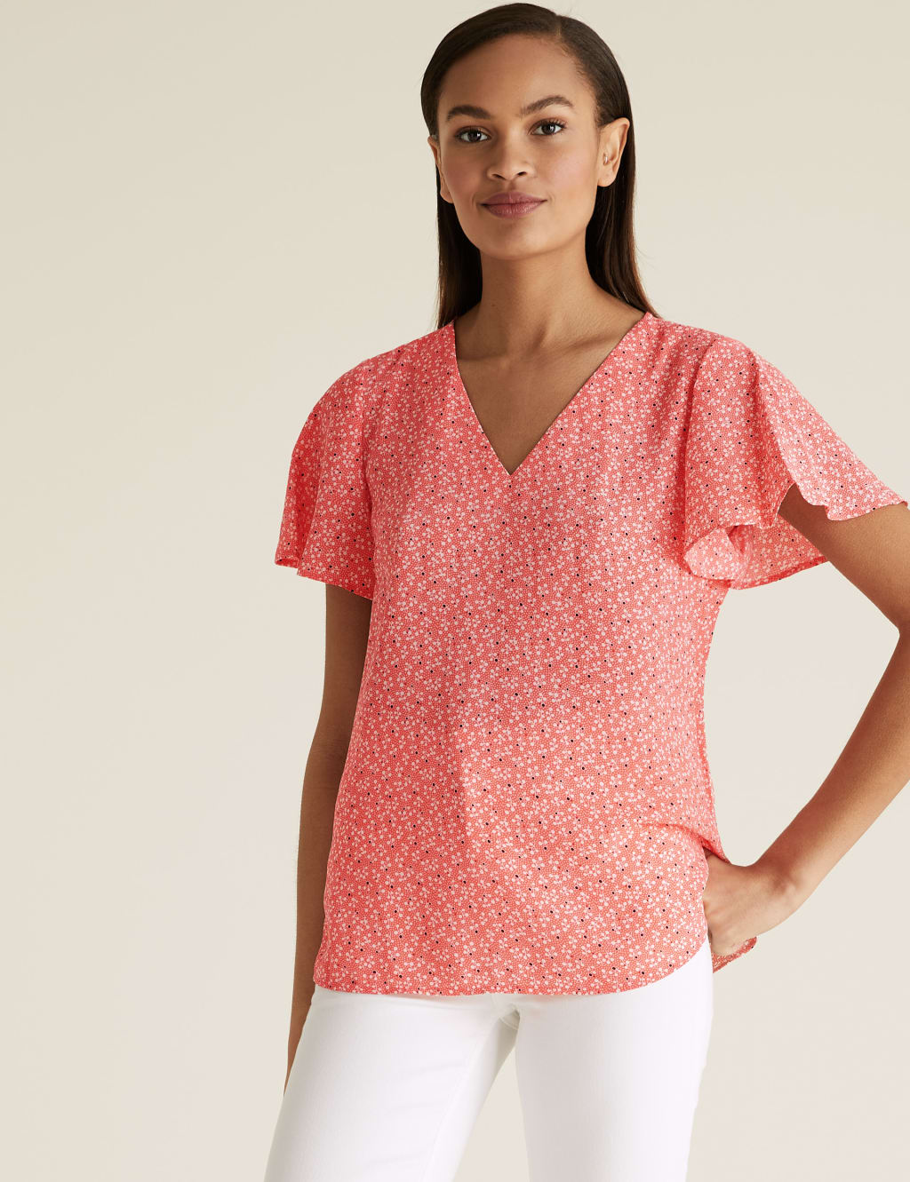 Ditsy Floral V-Neck Flutter Sleeve Top 3 of 4