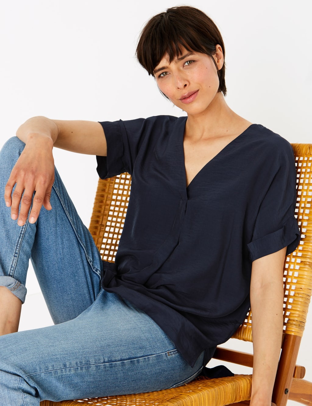 V-Neck Longline Short Sleeve Popover Blouse 1 of 5