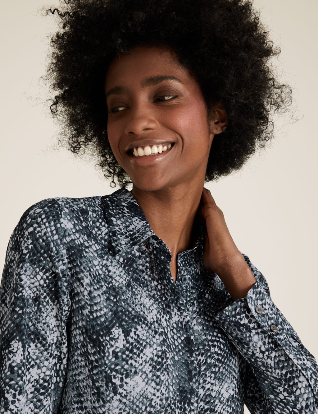 Snakeskin Print Collared Long Sleeve Blouse 1 of 4