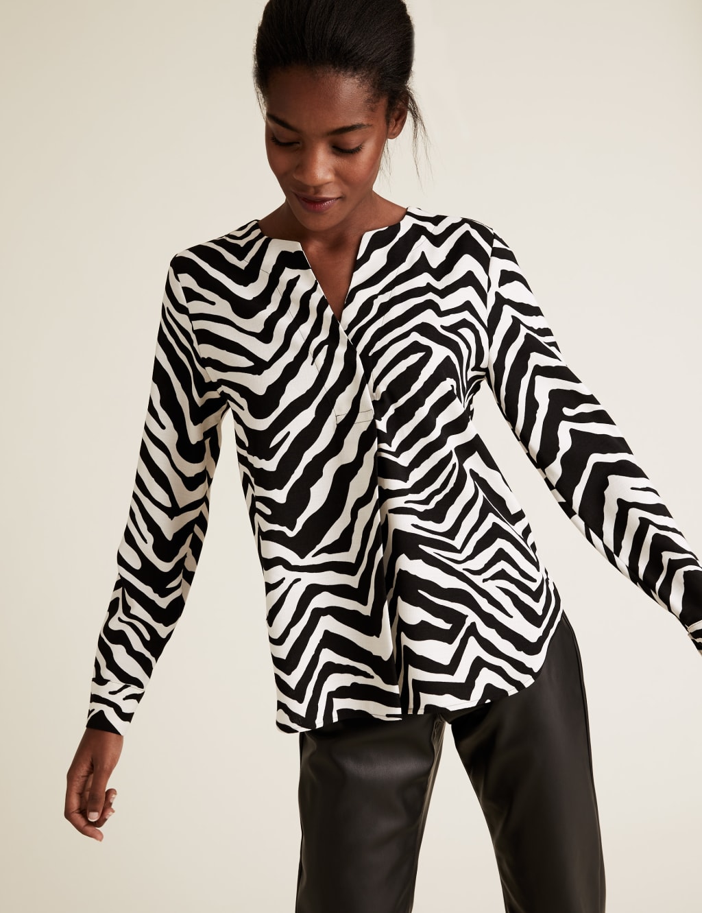 Zebra Print V-Neck Long Sleeve Blouse 1 of 5