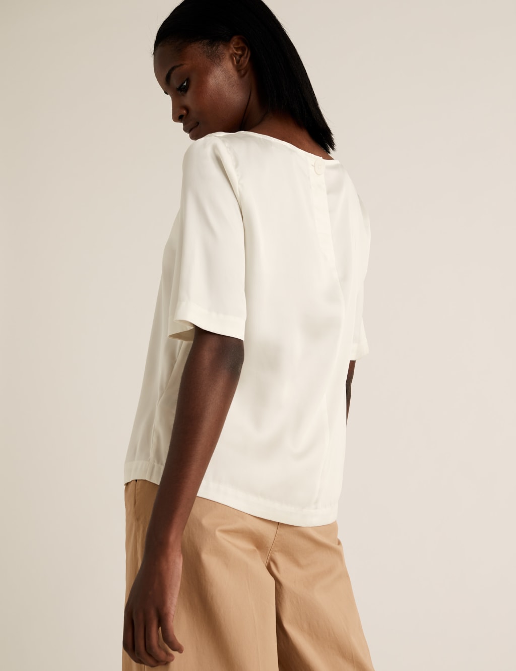 White satin short sleeve blouse on sale